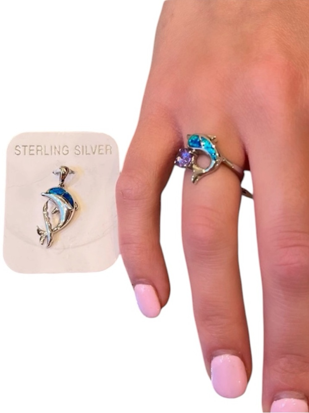 Dolphin Ring & Pendant Set Sterling Silver Amythest Aquamarine